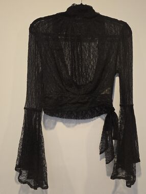 Free People Black Lace Crop Top Bell Sleeve Keyhole Back Whimsigoth Boho XS